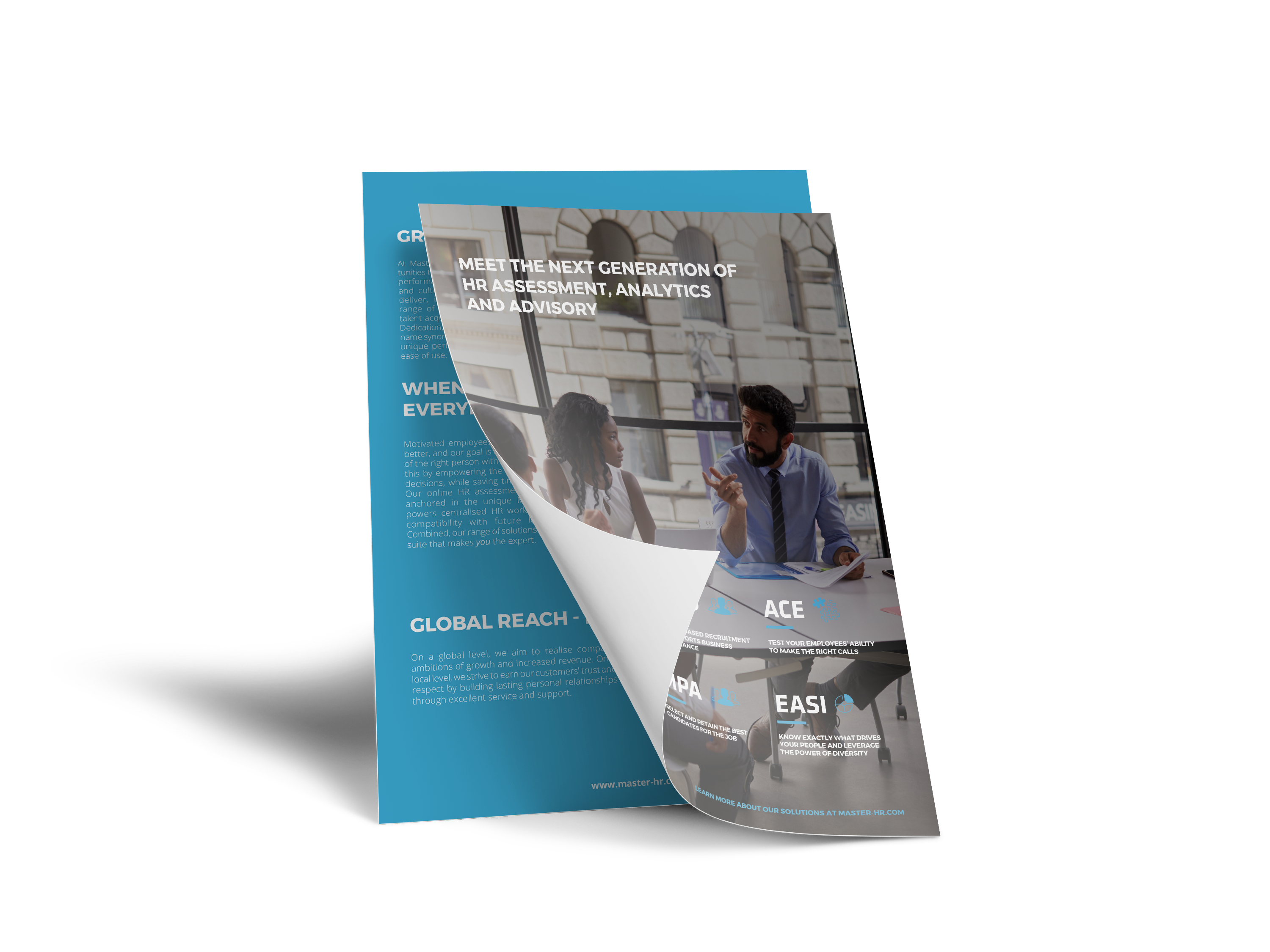 Promotional HR assessment brochure with a page curl effect, featuring a business meeting image and text highlighting HR analytics, advisory services, and global reach.